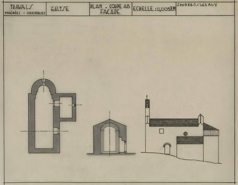 Plan général, coupe transversale et élévation coté ouest.