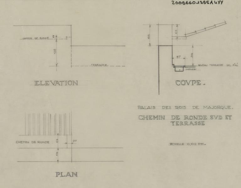 Chemin de ronde sud et terrasse : plan, élévation et coupe avec cotes.