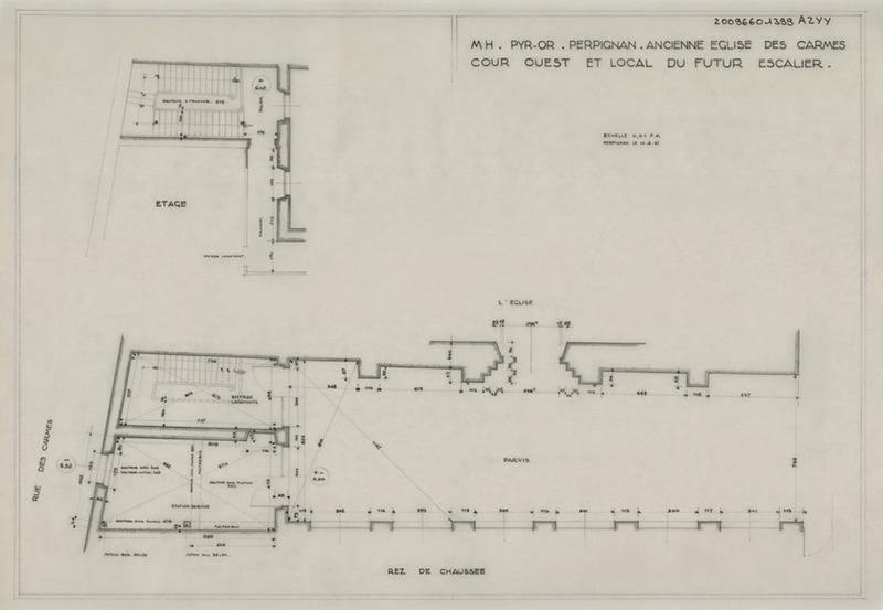 Cour est et local du futur escalier : plans du rez-de-chaussée et de l'étage cotés.