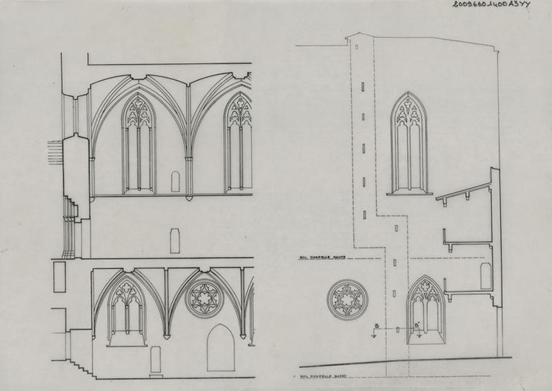 Palais des Rois de Majorque ; chapelle basse : coupe longitudinale ; chapelle haute : coupes longitudinal et transversale sur la cours.