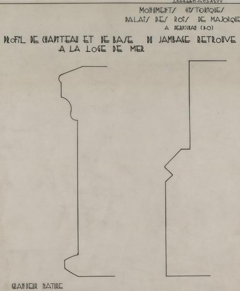 Palais des Rois de Majorque : profil du chapiteau et base du jambage retrouvé à la Loge de Mer.