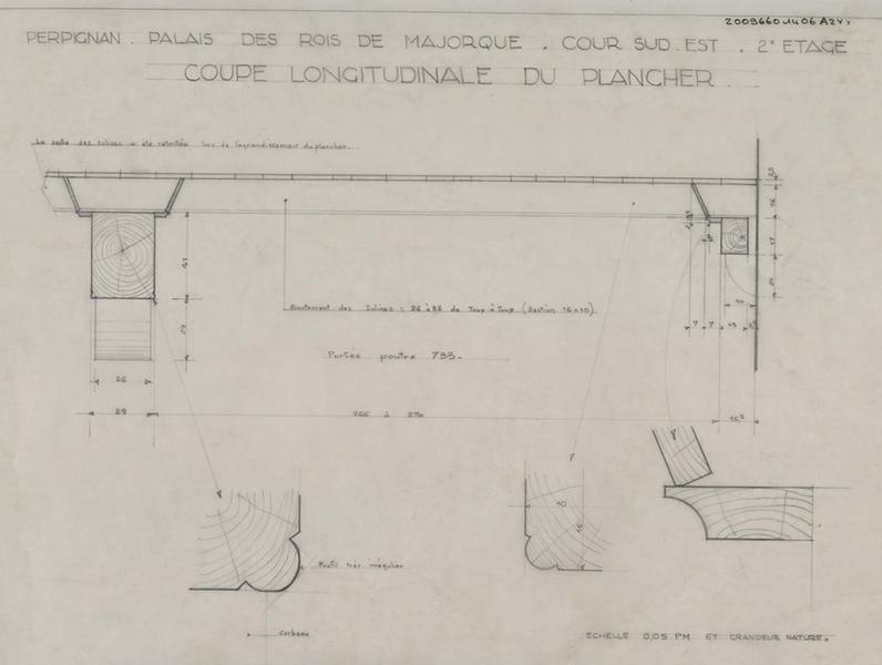 Palais des Rois de Majorque ; cour sud-est ; 2ème étage : coupe longitudinale du plancher cotée.