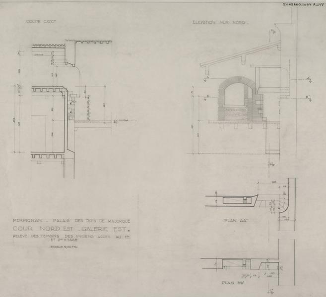 Palais des Rois de Majorque ; cour nord-est ; galerie est : relevé des témoins des anciens accès aux 1er et 2ème étages.