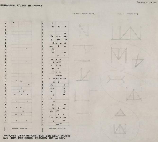 Piliers sud des premières travées de la nef : relevé de marques de tâcherons