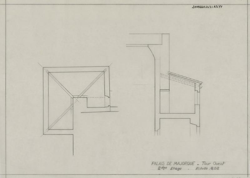 Palais des Rois de Majorque ; état des lieux avant démolition des bâtiments situés cotés ouest ; 2 ème étage : plan et coupe.