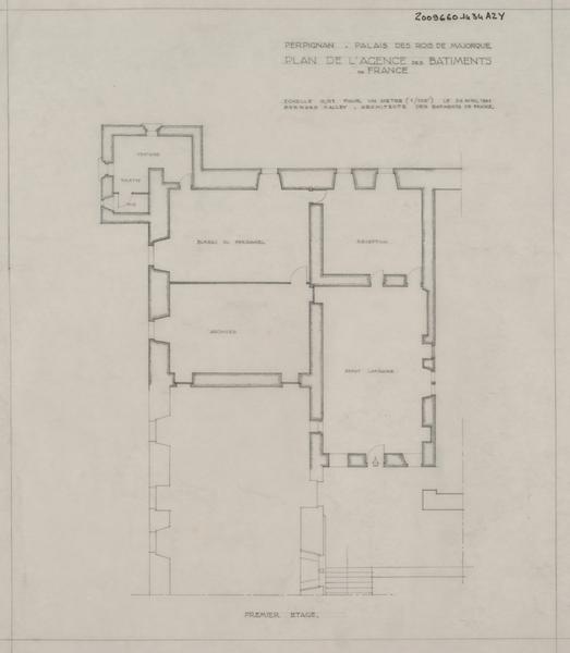 Palais des Rois de Majorque ; Aile Nord ; Agence des Bâtiments de France : plan du premier étage avec mentions des noms d'attribution des pièces.