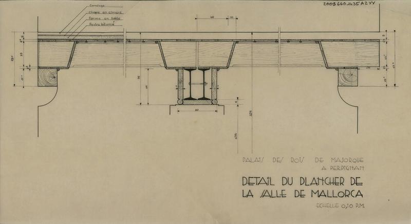 Palais des Rois de Majorque ; Salle de Mallorca : détail du plancher.