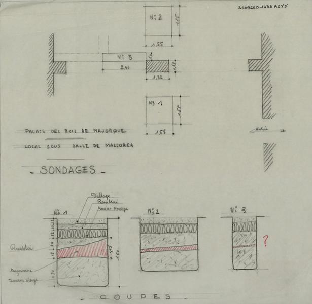 Palais des Rois de Majorque ; local sous Salle de Mallorca ; relevé des sondages archéologiques effectués dans les années soixante.