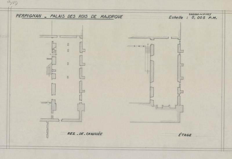 Palais des Rois de Majorque ; Grande Salle : plans du rez-de-chaussée et premier étage.