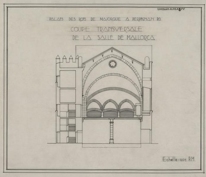 Palais des Rois de Majorque ; salle de Mallorca : coupe transversale.