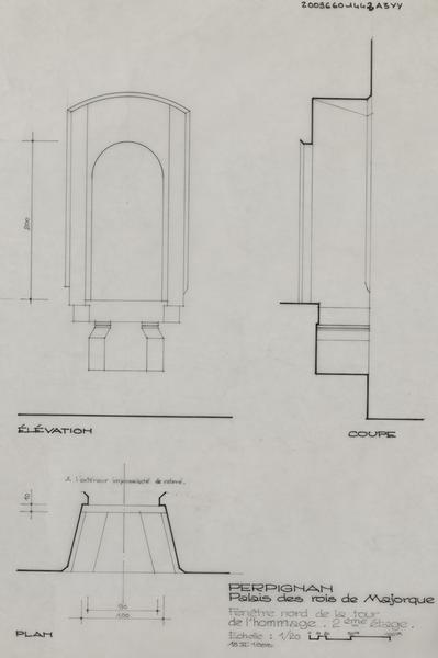 Palais des Rois de Majorque ; fenêtre nord de la tour de l'hommage ; 2 ème étage : plan, élévation et coupe.