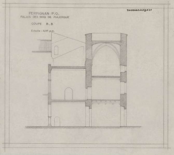 Palais des Rois de Majorque : coupe transversale BB.