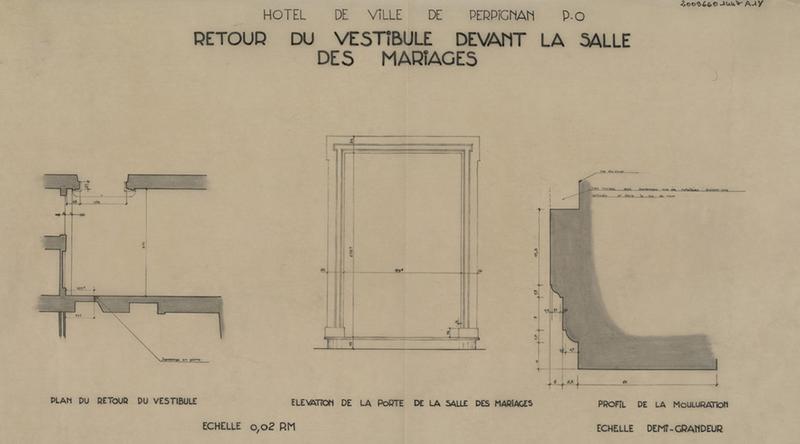 Retour du vestibule devant la salle des mariages : plan, élévation de la porte de la salle des mariages éch. 1/50 ; profil de la mouluration éch. 1/2, le tout coté.