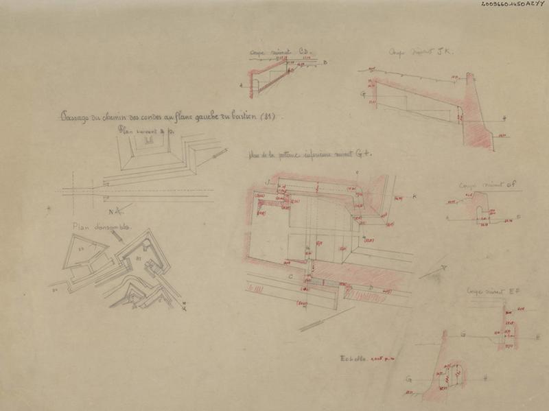 Passage du chemin de rondes au flanc gauche du bastion St Georges : plan d'ensemble ; plan suivant ab ; coupe suivant CD ; plan de la porterne inférieure suivant GH ; coupe suivant JK ; coupe suivant ef ; coupe suivant EF le tout coté.