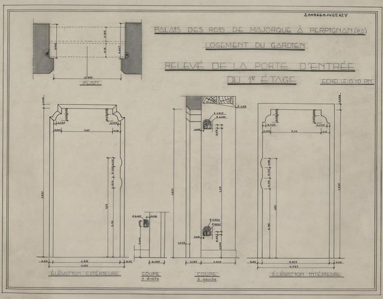 Palais des Rois de Majorque ; logement du gardien : plan, élévations extérieure et intérieure ; coupes à gauche et à droite le tout coté.