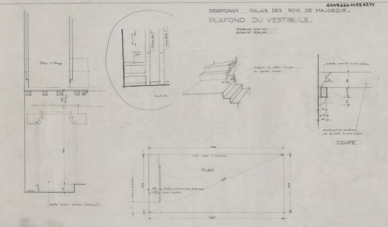 Palais des Rois de Majorque ; plafond du vestibule : coupes embrasures des portes de l'entresol et du 1er étage ; vue axonométrique des escaliers ; plan ; coupe sur poutre.