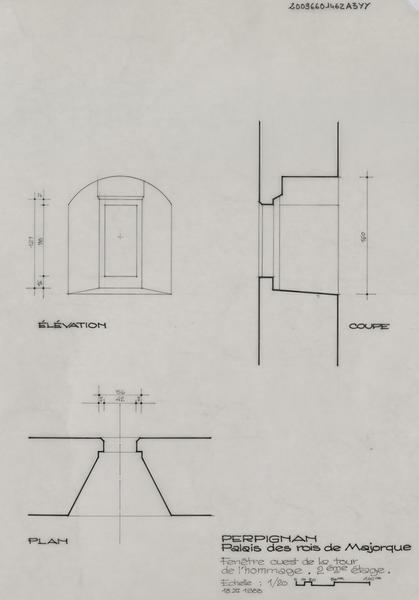 Palais des Rois de Majorque ; fenêtre Ouest de la tour de l'Hommage ; 2ème étage : plan, élévation et coupe cotés.