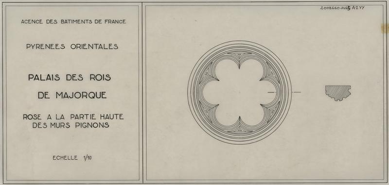 Palais des Rois de Majorque ; salle Mallorca ; rose à la partie haute des murs pignons : élévation et coupe.