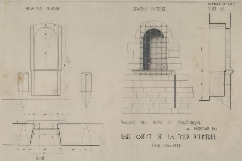 Palais des Rois de Majorque ; coté Ouest : plan, élévations intérieure et extérieure, coupe.