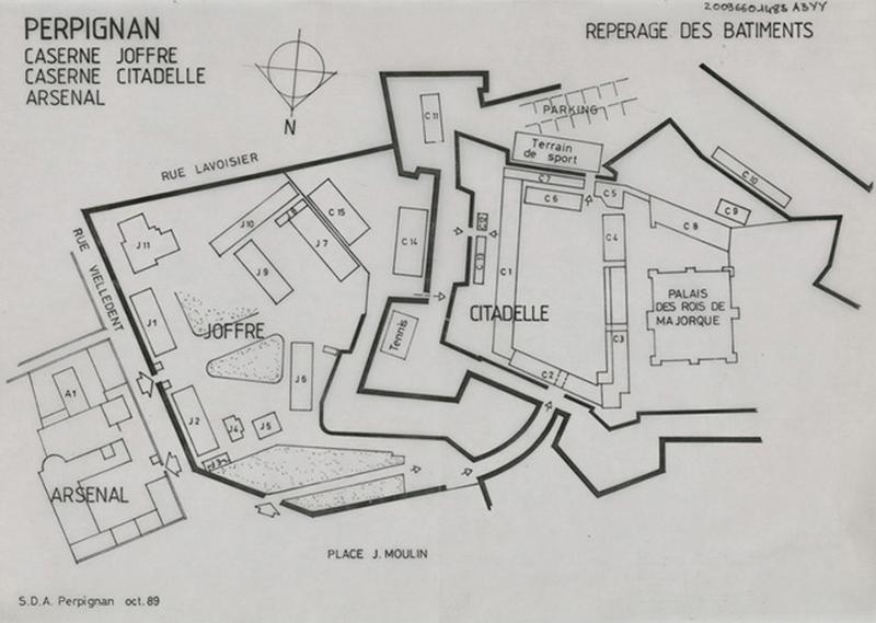 Caserne Joffre ; Citadelle ; Arsenal : plan de localisation des bâtiments de l'armée.