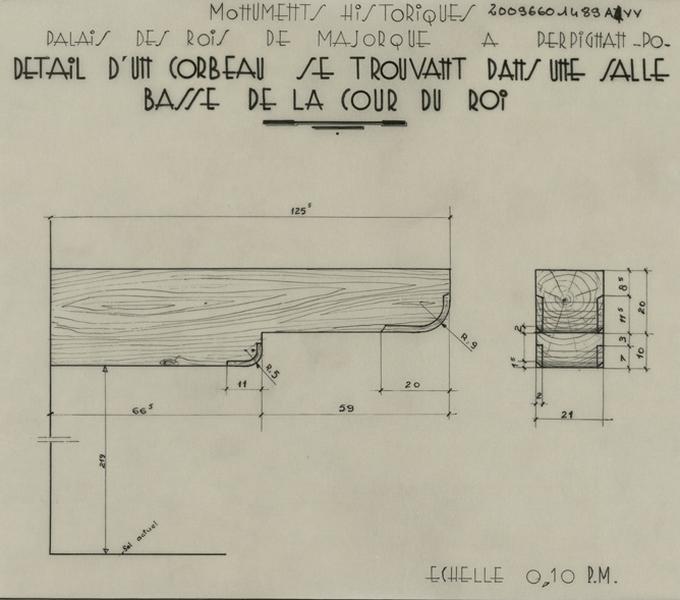 Palais des Rois de Majorque ; une des salles basses de la cour du Roi ; détail d'un corbeau : vues de coté et de face cotées.