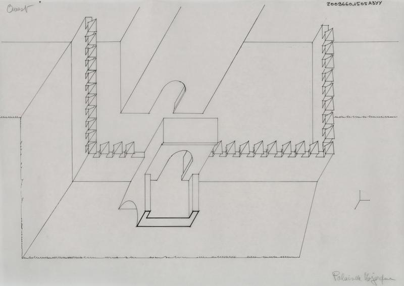 Palais des Rois de Majorque : vue axonométrique de l'entrée.