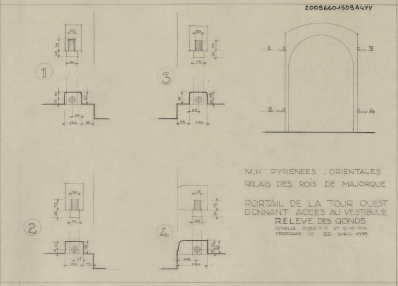 Palais des Rois de Majorque ; portail de la tour Ouest donnant accès au vestibule ; relevé des gonds : plans et coupes cotés éch. 1/10 ; élévation avec localisation des quatre gonds de la porte cotée éch. 1/50.