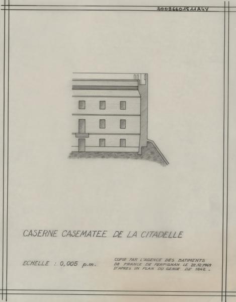 Citadelle ; casemate : élévation ; le tout copié et dessiné à l' Agence des Bâtiments de France en 1969 d'après un plan du Génie de 1842.