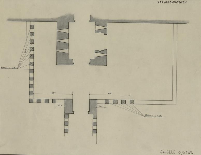 Palais des Rois de Majorque, coté Ouest ; entrée ; état des lieux : plan avec localisation des merlons à bätir.