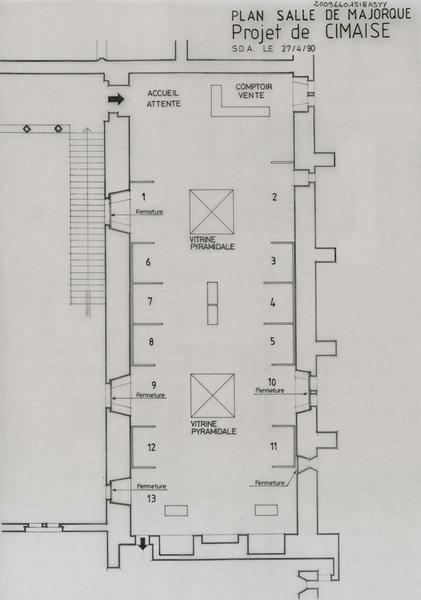 Palais des Rois de Majorque ; aile sud ; salle de Majorque ; projet de cimaise : plan avec localisation des aménagements.