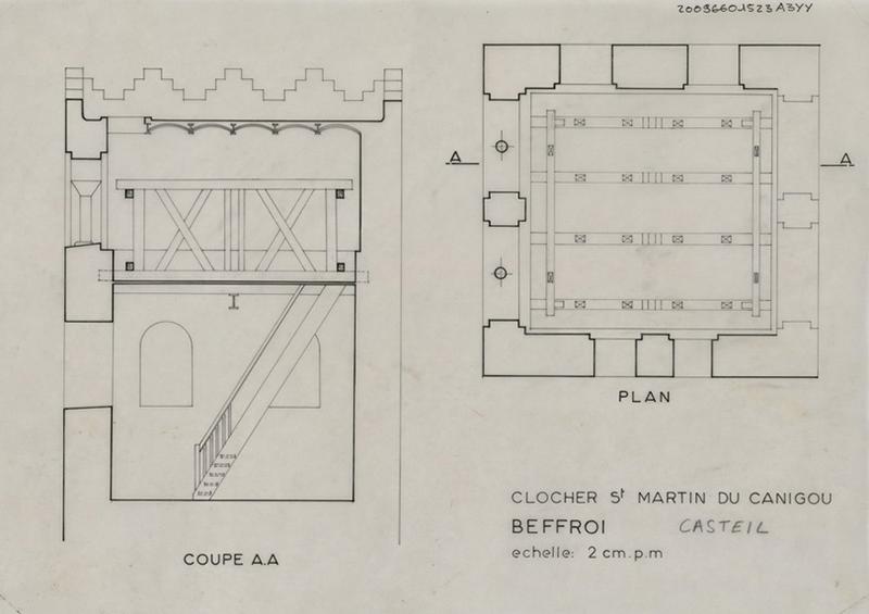 Clocher ; beffroi : coupe AA et plan.