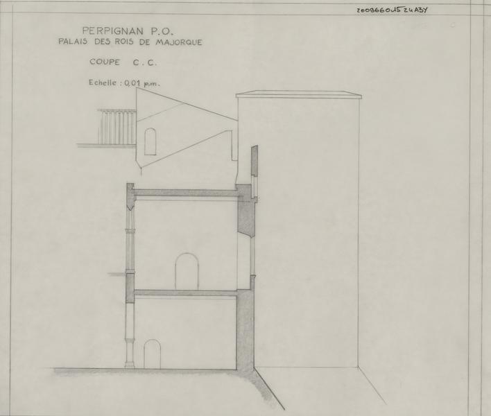 Palais des Rois de Majorque : coupe transversale de l'aile ouest.