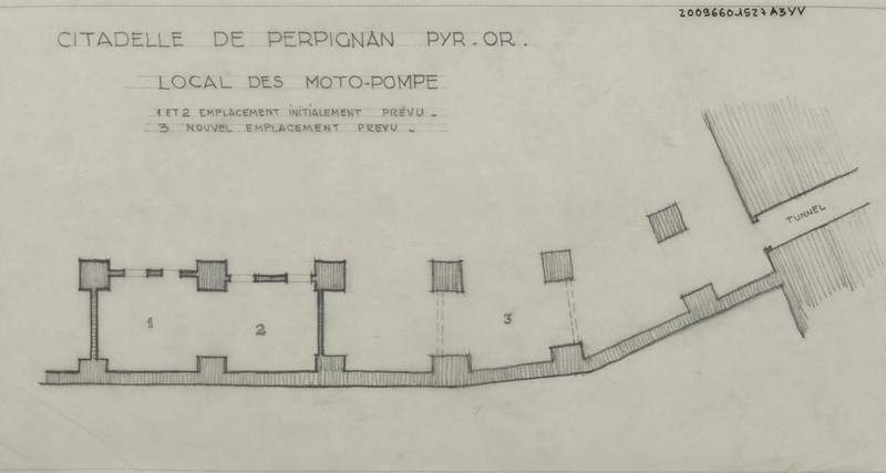 Citadelle ; sous le pont dormant ; local des motos-pompes ; emplacements initialement prévus ; nouvel emplacement prévu : plan avec localisation des emplacements envisagés et à envisager.