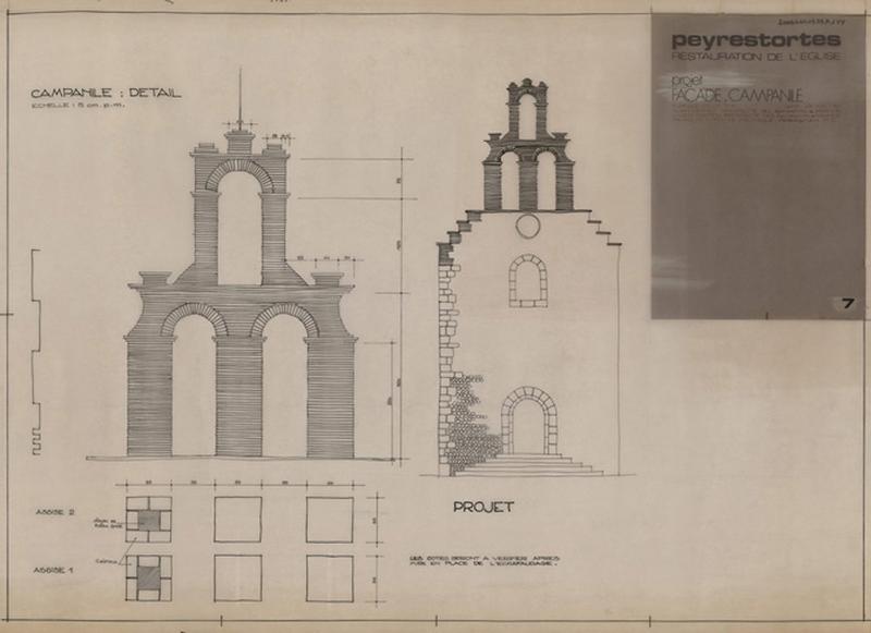 Campanile ; projet : plan des assises et élévation sur le campanile et élévation façade.