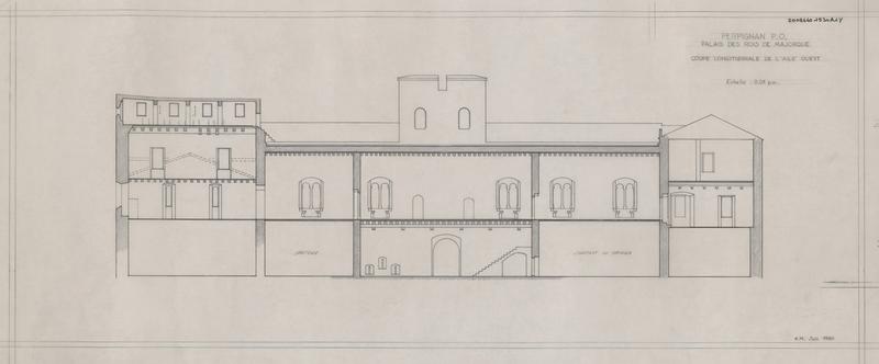 Palais des Rois de Majorque ; aile Ouest : coupe longitudinale.