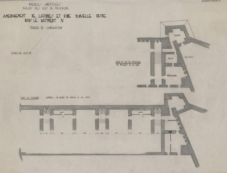 Citadelle ; cour Sud ; aménagement des latrines et d'une nouvelle cuisine dans le bâtiment N : plan du premier étage coté avec localisation des sanitaires ; plan du rez-de-chaussée au niveau de la cour avec localisation de la nouvelle cuisine, du magasin, et des dépendances ; du four à démolir.