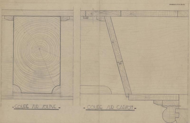 Palais des Rois de Majorque ; Salle de Majorque ; plancher haut : coupe sur solive et caisson.