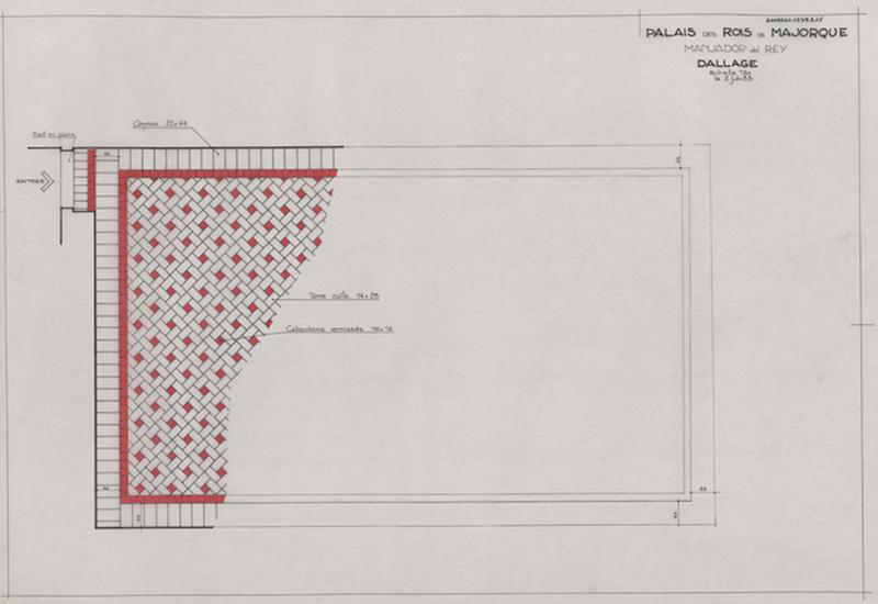 Palais des Rois de Majorque ; salle à manger du Roi ; dallage : calepinage avec localisation de la nature des carreaux.