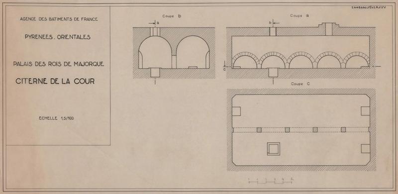 Palais des Rois de Majorque ; citerne de la cour : coupes a, b et c.