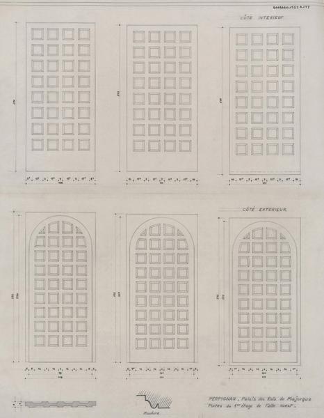 Palais des Rois de Majorque ; aile Ouest ; portes du 1er étage ; coté extérieur et intérieur pour les trois portes : plan, élévation et coupe sur les moulures.