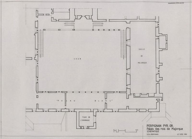 Palais des Rois de Majorque ; plan schématique avec localisation de la tour de l'Hommage, Palau Blanc, cour et Salle de Majorque.