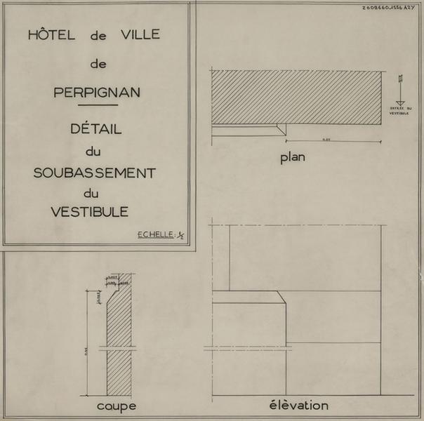 Vestibule ; détail du soubassement : coupe, plan et élévation.