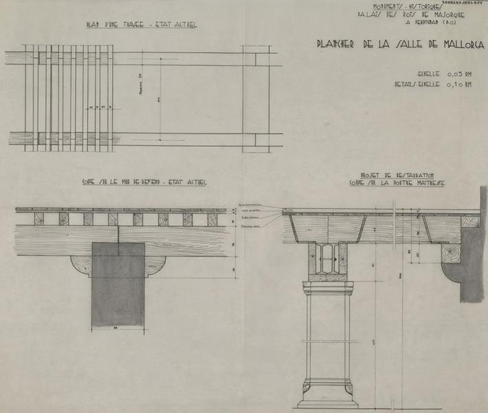 Palais des Rois de Majorque ; Salle Mallorca ; plancher : coupe sur le mur de refend, état actuel éch. 1/20 ; projet de restauration, coupe cotée sur la poutre maîtresse.