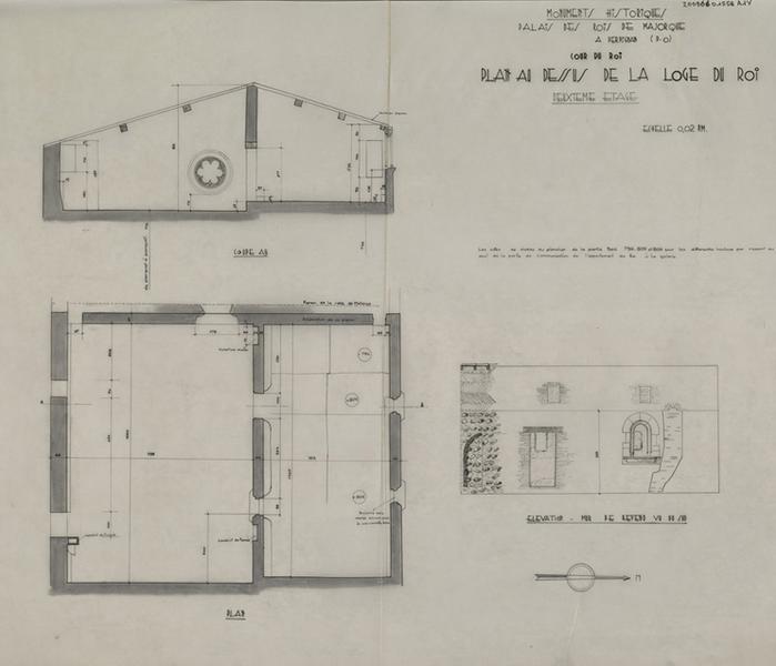 Palais des Rois de Majorque ; cour du Roi ; au-dessus de la loge du Roi ; deuxième étage : plan, coupe AB, élévation mur de refend vu du sud ; le tout coté.