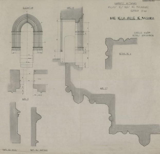 Palais des Rois de Majorque ; Salle de Mallorca ; baie : profils des bases et des chapiteaux éch. 1/20 ; coupes AB, CD et EF ; coupes AB, CD et EF éch. 1/2 ; élévation éch. 1/20 ; détail de G éch. 1/2.