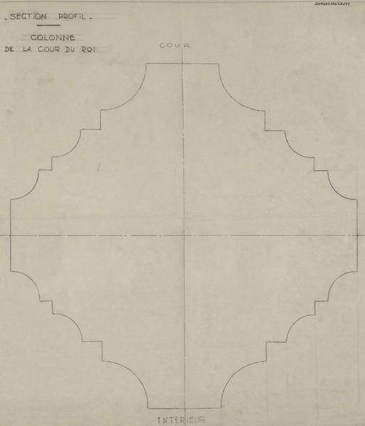 Palais des Rois de Majorque ; colonne de la cour du Roi : vu de dessus avec localisation des cotés intérieur et cour.