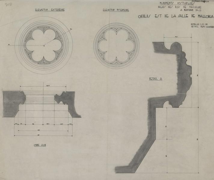 Palais des Rois de Majorque ; Salle Mallorca ; occulus Est : coupe AOB éch. 1/2 ; élévations extérieure et intérieure éch. 1/10 ; détail A éch. 1/2.