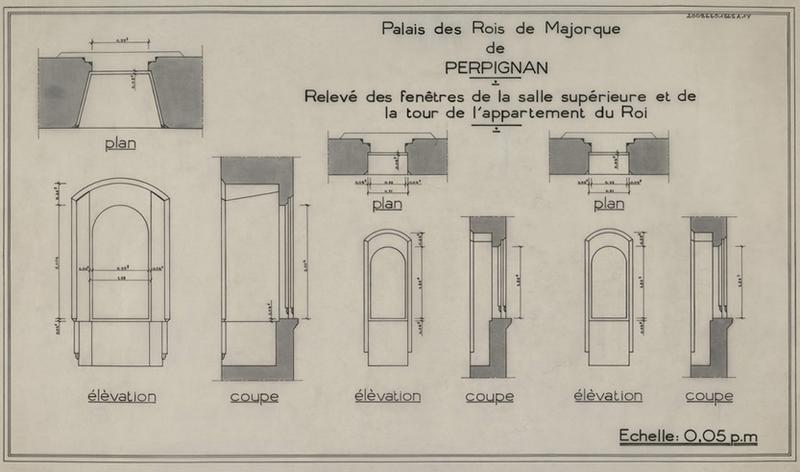 Palais des Rois de Majorque ; relevé des fenêtres de la Salle Supérieure et de la tour de l'appartement du Roi : plans, élévations, coupes ; le tout coté.