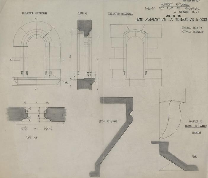 Palais des Rois de Majorque ; Cour du Roi ; baie s'ouvrant sur la terrasse Sud à créer : coupes Ab et CD cotées, élévations extérieure et intérieure éch. 1/10 ; détail de l'appui éch. 1/1 ; plan, élévation éch. 1/10 ; détail de l'arrêt du chanfrein E éch. 1/1.