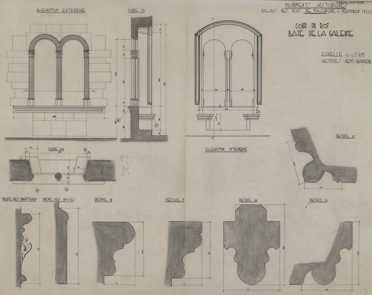 Palais des Rois de Majorque ; Cour du Roi ; baie de la galerie : profil des chapiteaux et des bases éch. 1/2 ; détails e, f, a, b et c éch. 1/2 ; élévations extérieure et intérieure éch. 1/20 ; coupe CD éch. 1/20.